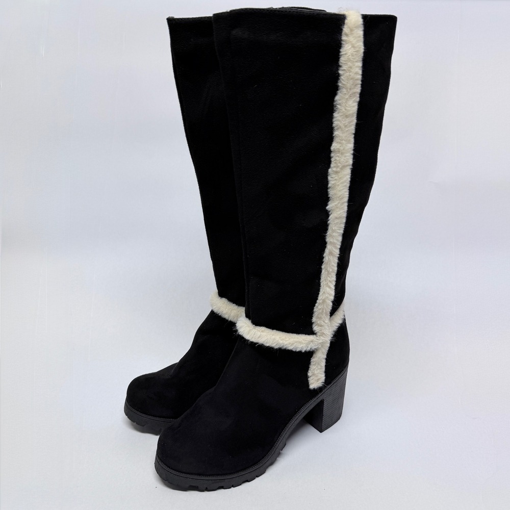 Weeboo Black Faux Suede Knee High Boots White Faux Fur Trim Block Heel Size 7